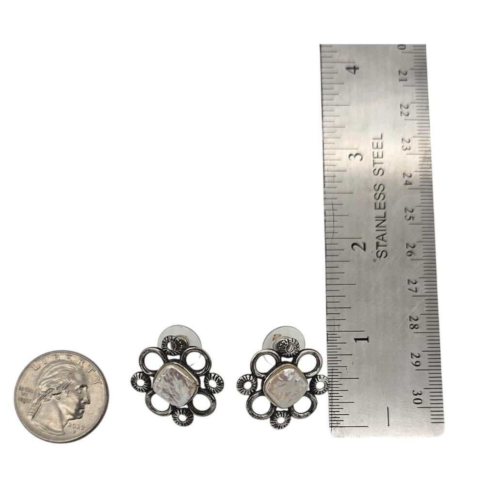 Vintage Sterling Silver and Mother of Pearl Cabochon CFJ 925 Pierced Earrings - Picture 4 of 4